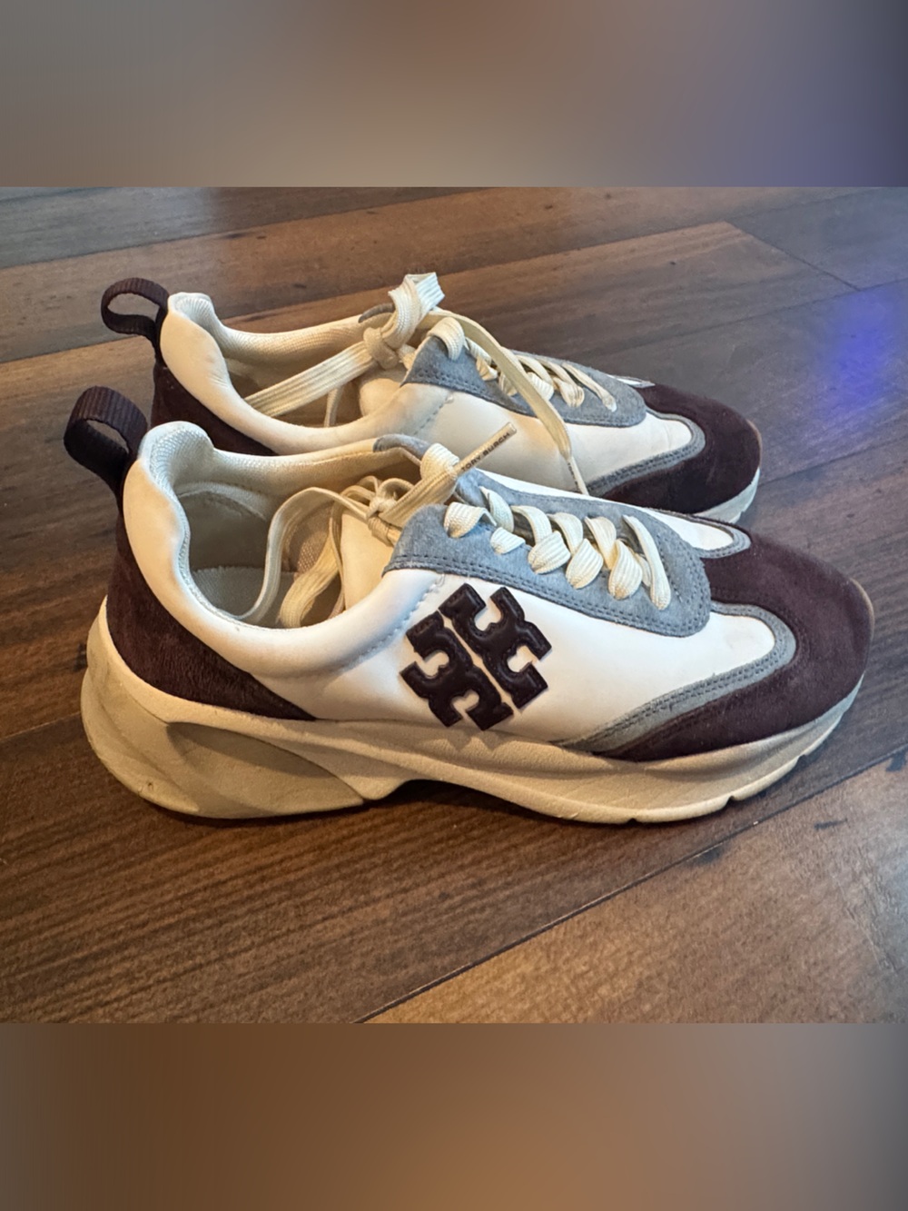 Tory Burch Cream, Brown and Light Gray Logo Chunky Sneakers